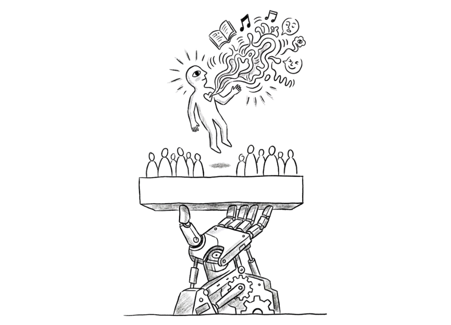 A robotic hand lifts a platform crowded with people, while one human floats free above it, radiating language, music, and ideas — the human signal AI cannot replace.